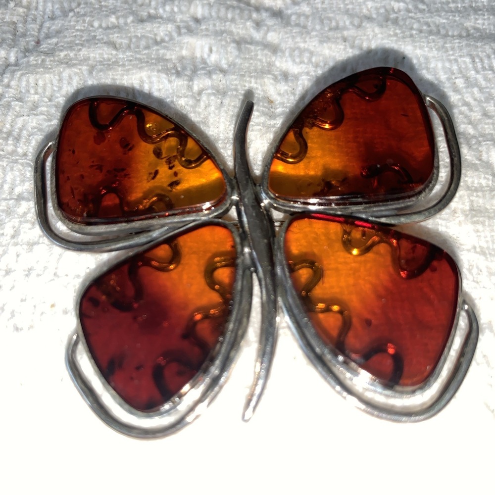 BALTIC AMBER Butterfly‎ Pendant Or Brooch Pin 925 STERLING SILVER